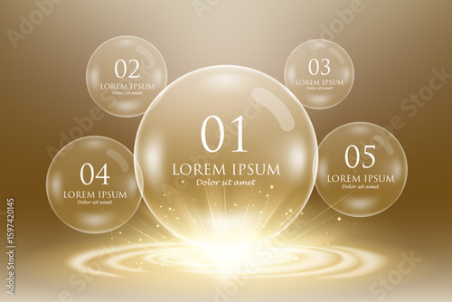 Abstract background with golden bubbles and light sparkles. Infographic 5 option template. banner, poster, flyer design.