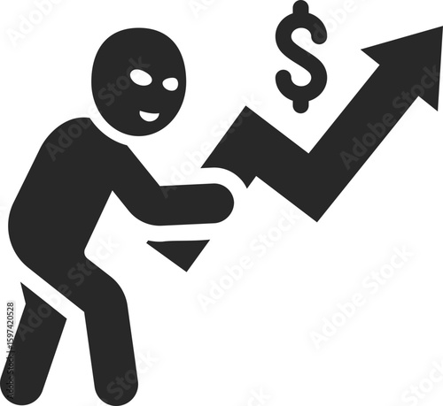 Masked thief icon stealing profit arrow symbolizing financial fraud, crime, and economic manipulation