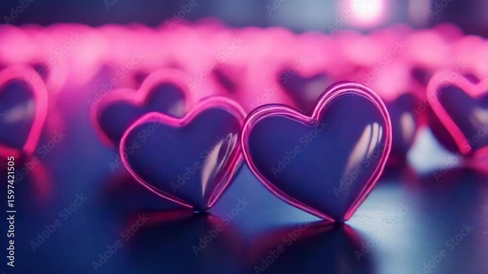Glowing pink heart shapes with soft reflections create romantic love light and blurred background, vibrant glowing heart shapes with warm romantic love reflection and glowing light shape background