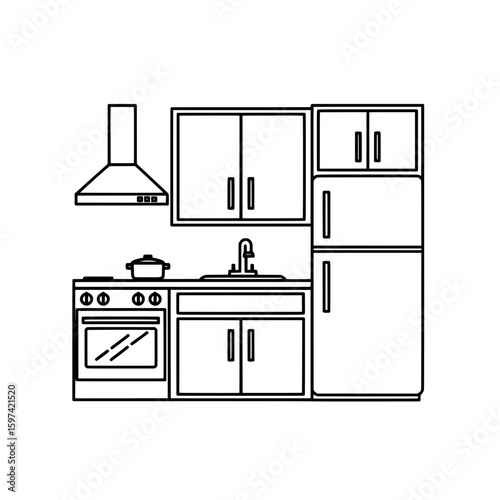 Kitchen cabinetry and appliances in minimalist outline style