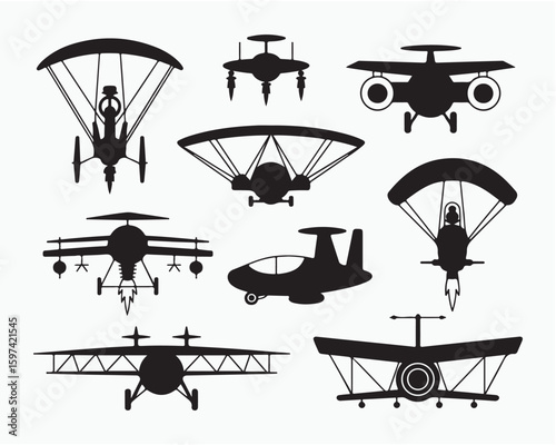 Collection of various aircraft silhouettes including planes helicopters and paragliding designs