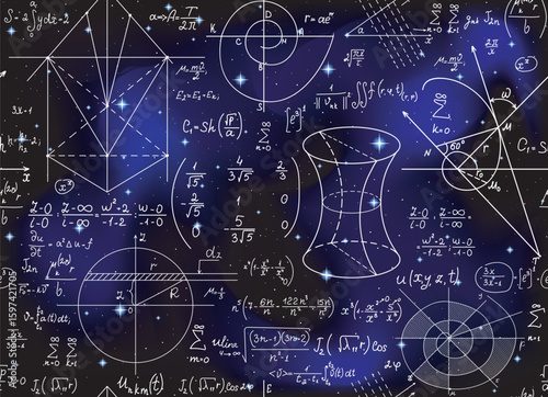 Math scientific vector endless seamless pattern with formulas, figures and calculations handwritten on the space background of stars