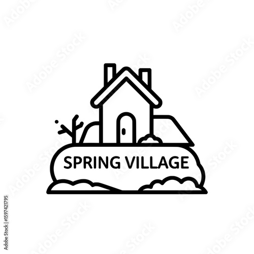 Line drawing of a house and car with plant details for residential themes