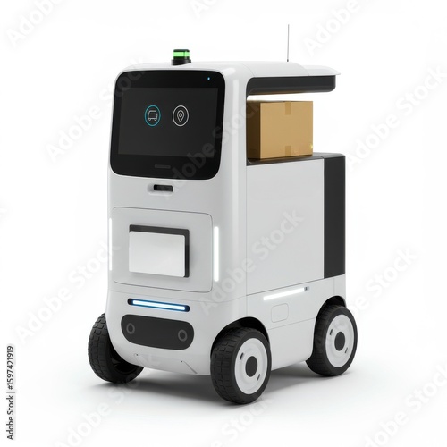 White Delivery Robot with Package on Modern Urban Background