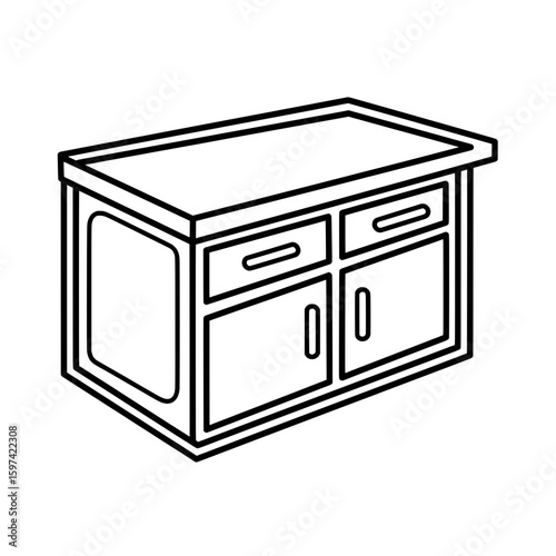 Outline of a wooden kitchen cabinet with drawers and doors