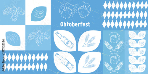 Vector graphics in blue and white tones with symbols of Oktoberfest: beer mugs, pretzels, sausages, hops, and a Bavarian diamond pattern. Ideal for creating background images, advertising banners.