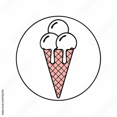 Melting ice cream balls in the waffle cone isolated on pink background. Vector flat outline icon. 