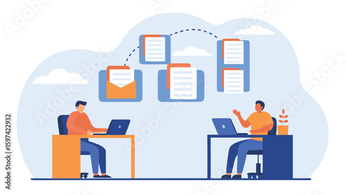 Illustration of two people at desks with laptops and documents being shared digitally online