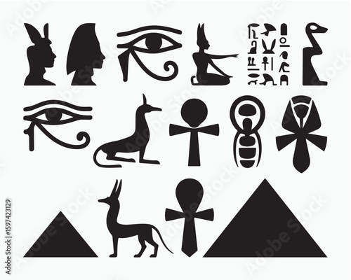 A collection of black and white egyptian symbols including ankhs eyes pyramids and animal figures