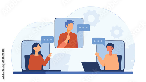 Illustration of three people video conferencing with speech bubbles on their laptops screen view