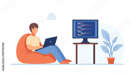 Illustration of a man sitting on a beanbag chair working on a laptop with a monitor nearby coding 100