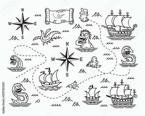A black and white treasure map with ships compasses and sea monsters on a white background illustration
