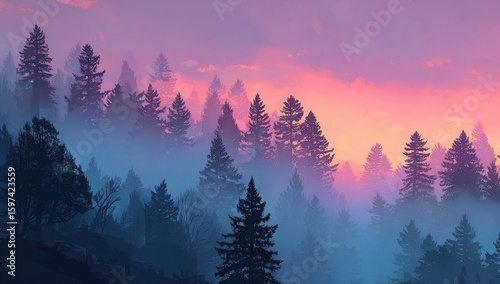 Misty forest at sunset, vibrant colors