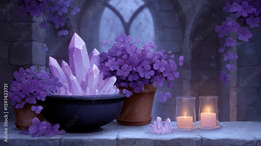 Fototapeta premium Purple crystals in a dark pot with purple flowers candles and a gothic window backdrop
