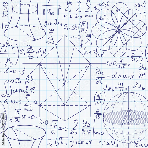 Math vector seamless pattern with handwritten mathematical and physics formulas, equations and figures