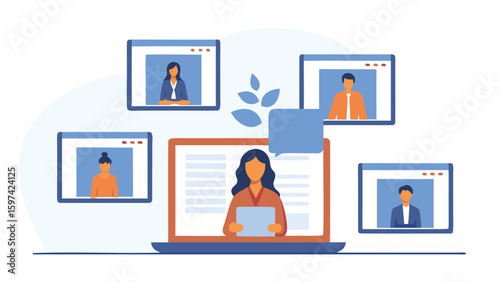 Woman presenting on a laptop with four participants in a virtual online meeting displayed on screens around