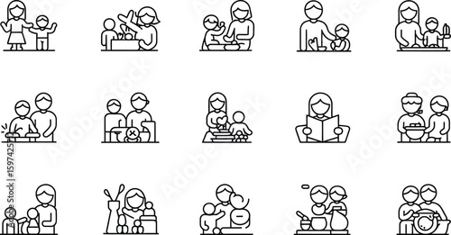Various line art icons depicting parents and children in different scenarios