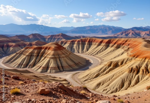 rounded hills from ancient alluvial fan deposits sediments layered by flowing water dry region sloped mound