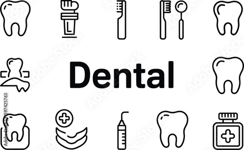 Illustration of dental care icons including teeth and oral hygiene tools