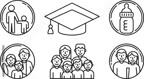 A collection of line art icons depicting family, education, and infancy stages
