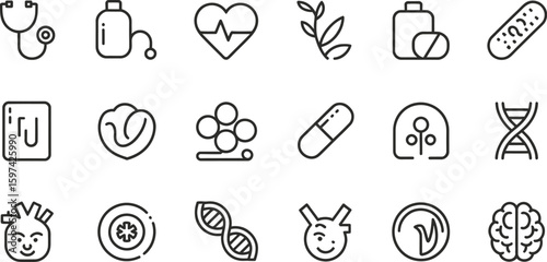 A collection of medical and health related icons arranged on a light background