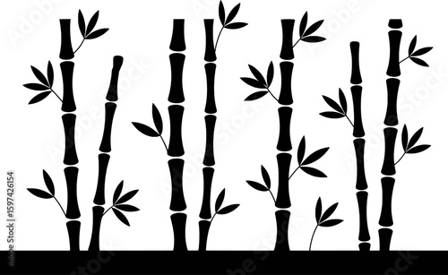 Black bamboo stalks with leaves on white background vector