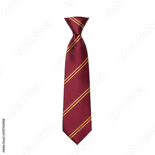 Elegant maroon tie with golden stripes, formal wear accessory.