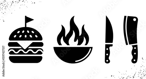 Black icons of burger flame bowl knives on white background cooking