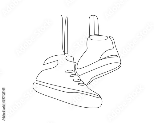 Minimalist one line drawing of hanging sneakers. Vector outline design symbolizing skater lifestyle.