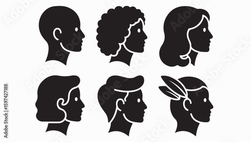 A collection of six stylized black silhouette profile heads with various hairstyles and headwear designs