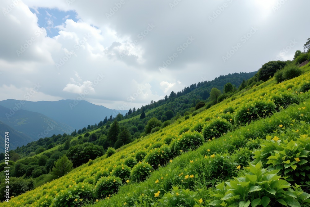 Obraz premium lush green hill slope showing impact of consistent rainfall due to orographic lift of moist air