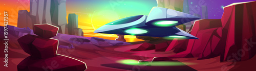 Alien planet landscape - futuristic spaceship with glowing green engines hover over red rocky terrain, rainbow sky gradient, terrain cliffs. Extraterrestrial environment for space exploration concept