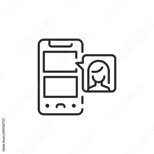 Mobile video call icon. Simple outline icon of a smartphone with a person in a chat window. Represents video chatting, mobile communication, and online conversation. Vector illustration