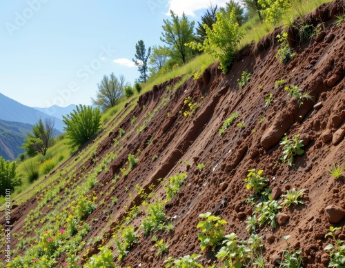 vegetation planted on steep hill slope dense roots helping bind soil preventing landslides natural erosion control