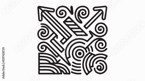 Black and white abstract design featuring arrows spirals and geometric shapes in a square format