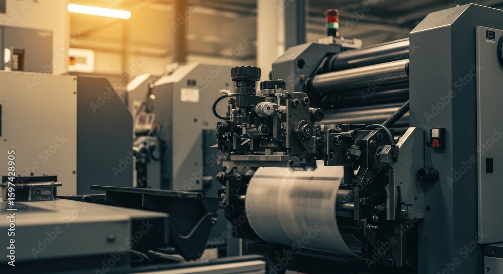 Fototapeta premium Close up of a modern industrial printing press machine roller in a factory setting. Manufacturing and production for large scale print jobs. Printing house or publishing industry background for banner