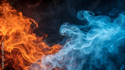 Fiery orange flames meet cool blue smoke in dramatic contrast