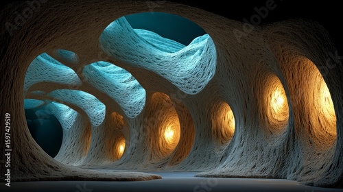 Fototapeta Naklejka Na Ścianę i Meble -  Abstract organic cave structure with luminous openings and textured walls