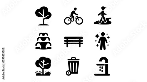 Collection of park and outdoor activity icons including trees cycling and a fountain silhouette isolated on white background