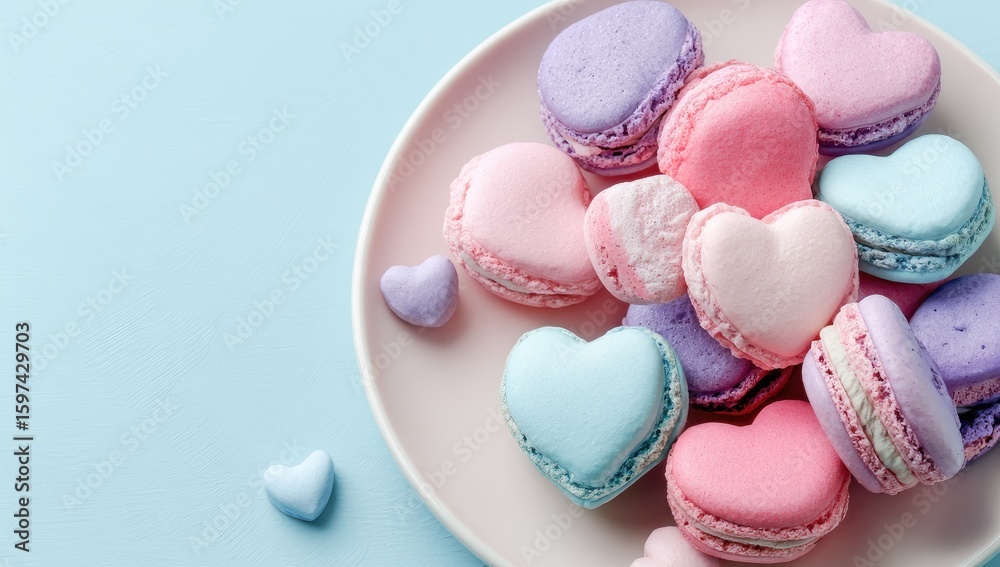 Fototapeta premium Heart-shaped macarons in pastel colors on a light pink plate