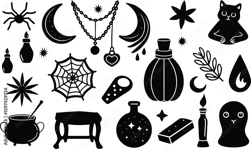 Φωτογραφία Mystical collection of halloween occult symbols silhouette isolated on transpare