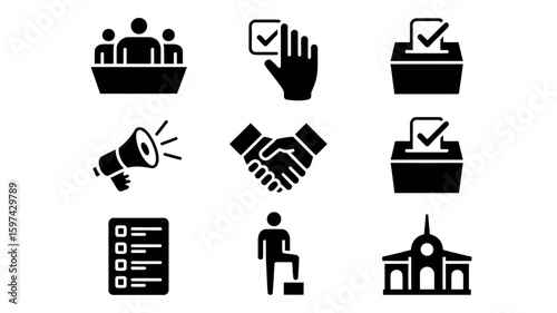 Collection of nine election and civic engagement icons in silhouette isolated on white background