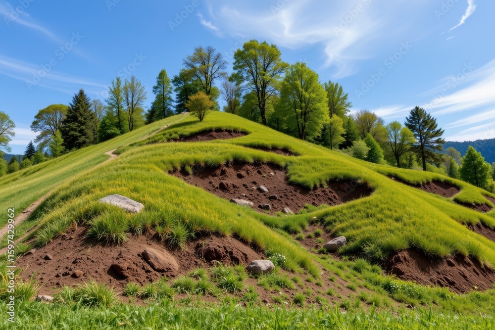 Naklejka premium bioengineering slope with grass mats and woody plants growing naturally soil held firmly preventing landslide