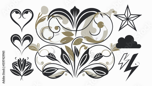 Swirl ornament vector set, decorative flourish, vintage embellishment, black curlicue vector filigree, artistic swirl, baroque design, elegant flourish, tattoo element, flourish abstract swirls