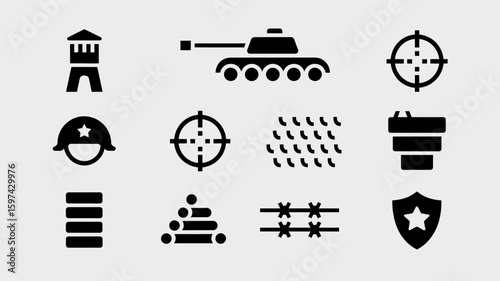 Collection of military icons including tank helmet target and barbed wire silhouette isolated on white background