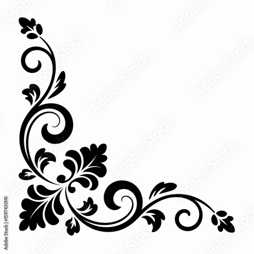 Elegant black floral swirl corner design element silhouette isolated on white background