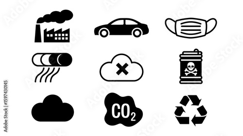 Collection of environmental pollution and protection icons including factory car mask and recycling symbol silhouette isolated on white background
