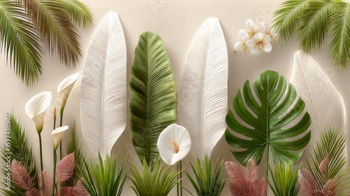 Lush tropical foliage including palm fronds monstera leaves calla lilies and textured white leaves