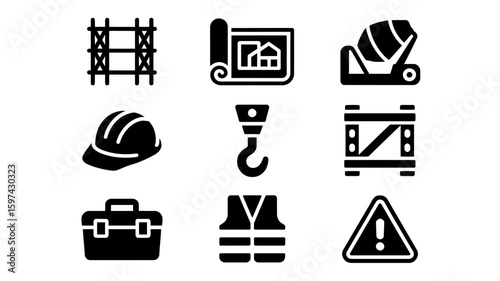 Collection of construction industry icons including safety gear blueprints and equipment silhouette isolated on white background