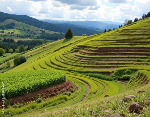 rural hill slope with alternating vegetation strips reducing water speed and soil loss protecting farmland